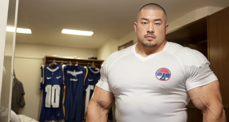 (football uniform:1.2), (inside bedroom:1.2), Japanese man, Chinese man, Korean man, Taiwanese man, manly face, (round face:1.2), (monolid eyes:1.2), (buzz cut:1.4), very large and strong body, bulging muscles, very large pectoral muscles, muscular arms, muscular abs, muscular legs, muscular back, brightens oily skin, master piece, realistic, panorama, distant view