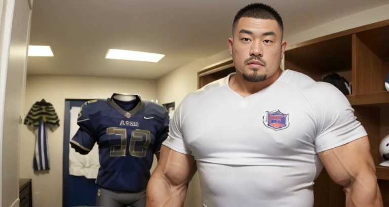 (football uniform:1.2), (inside bedroom:1.2), Japanese man, Chinese man, Korean man, Taiwanese man, manly face, (round face:1.2), (monolid eyes:1.2), (buzz cut:1.4), very large and strong body, bulging muscles, very large pectoral muscles, muscular arms, muscular abs, muscular legs, muscular back, brightens oily skin, master piece, realistic, panorama, distant view