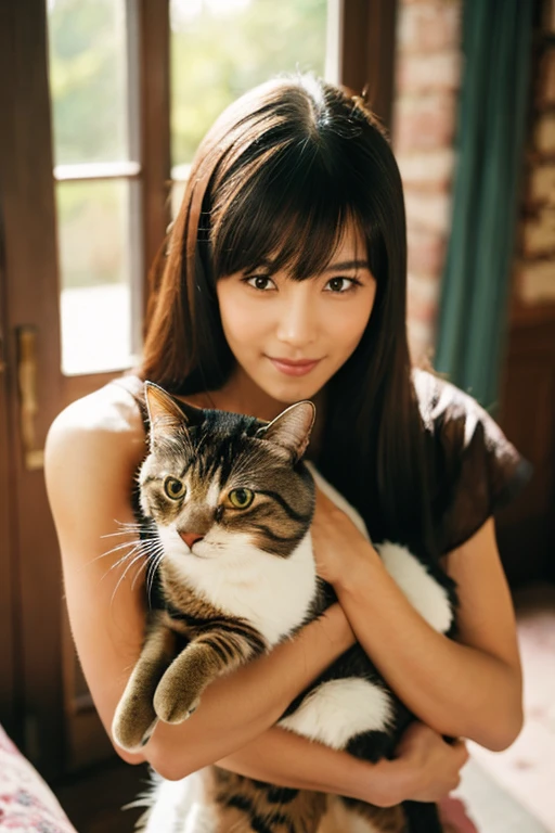 A super beautiful Japanese woman playing with a kitten