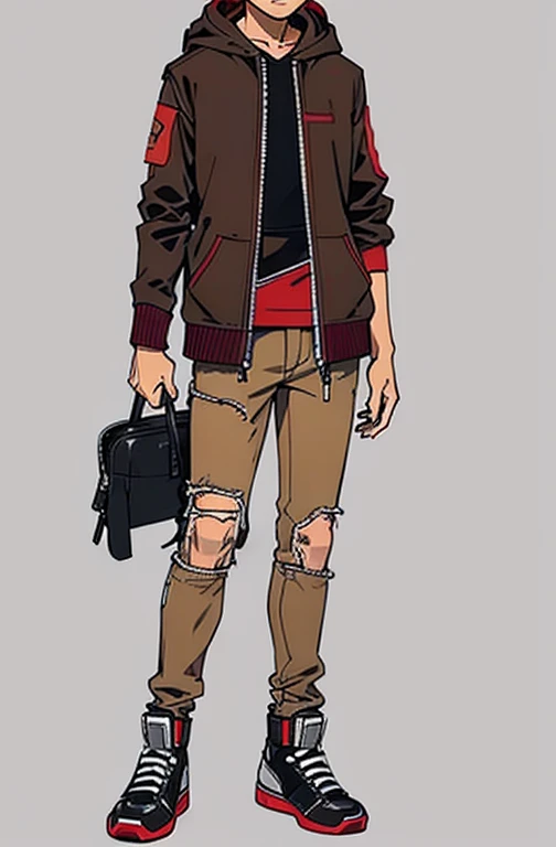 Concept ART Versions , Human Male  20 ager, Brown haircut , red hoodie, punk Clothings ,Ripped pants  , Full body ,Shoes , Black Jacket  , Bandage  , 