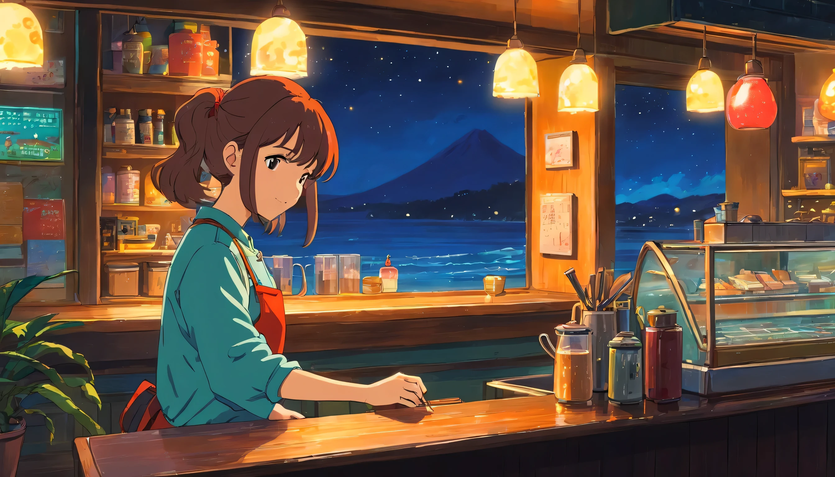 European girl barista brews coffee at the cafe counter, dream, please wear headphones, night light, Neon landscape on a rainy day, analog color theme, lo-fi hip hop , retrospective, flat, 2.5D ,Draw a line, ink painting, Osaka road, watercolor painting, gouache color, studio ghibli style, very colorful, outerton, Krautlock, Lofiato,old texture, amplitude,Psychedelic atmosphere, masterpiece, Technology of Wonders,on the bed，Darken the room，Outside the window is a beautiful night seaside with a starry sky