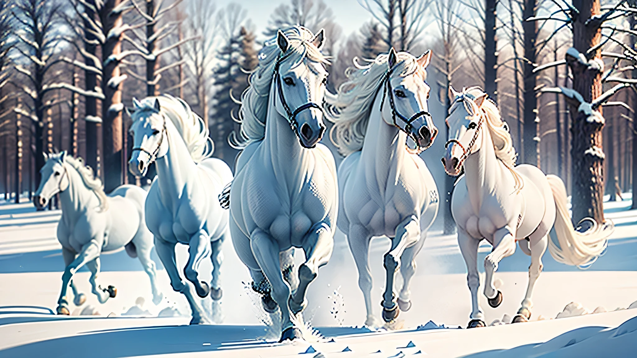 three white horses running in the snow in a wooded area, majestic horses, an all white horse, white horse, horses, horses in run, galloping through the forest, a painting of white silver, galloping, beautiful horse, gleaming white, high quality wallpaper, high quality desktop wallpaper, white snow, wallpaper background, white hairs, wallpaper 4k