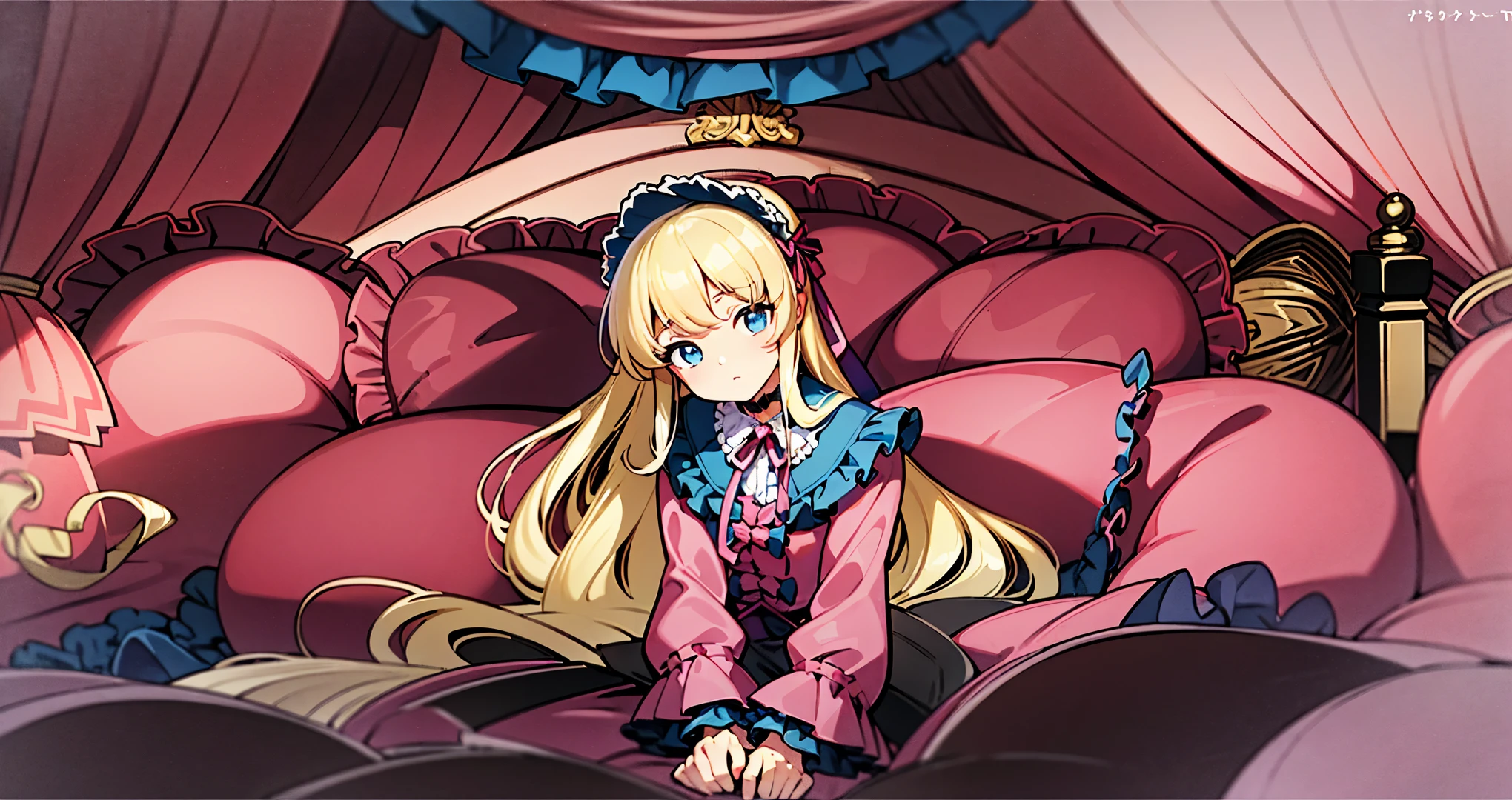 ,highest quality, masterpiece, highest resolution, artwork, super それにget used to it, many get used to it, get used to it, それにget used to it, 3K anime illustration,(( 10 year old girl)),Super detailed baby face,high quality small face,long blonde hair that grows to the waist,blue eyes,白い肌のeuropean,pajamas, european,(((super long blonde hair))),curly hair,blue eyes,((((ピンクのロリータファッションのlong skirtのワンピースドレス)))),((Pink dress with lots of frills and ribbons)),((A luxurious nightcap with frills and ribbons)),detailed headdress,,(((big yoke collar))),Yoke collar with ruffles and ribbons,((((long sleeve)))),ruffle sleeves,((((long skirt)))),white ruffle and lace socks,large frill and ribbon pillow,(((Nice pink outfit))),豪華なcanopy bedの上,canopy bed,The bed is surrounded by luxurious curtains,many frilly pillows on the bed,There are many frilly pillows behind the girl.,super detailed background,detailed bed,soft pink comforter,Highly detailed soft ruffle pillow,Beautiful girl illustration,detailed beautiful face,thin hair,detailed eye ,detailed eyes,detailed mouth, arm details,fine hands,Detailed pillow,wide bed,Illustration on the bed, ,((((round futon)))),((((A large ruffled futon that covers the entire bed)))),detailed comforter,detailed bedシーツ,Before bedtime,romantic atmosphere,palace bedroom,((((The lower half of the body is hidden under the futon and the puffy skirt.......)))) The girl is leaning on a pile of pillows, ,((((round futon)))),((((A large ruffled futon that covers the entire bed)))),((((not wearing shoes)))),
