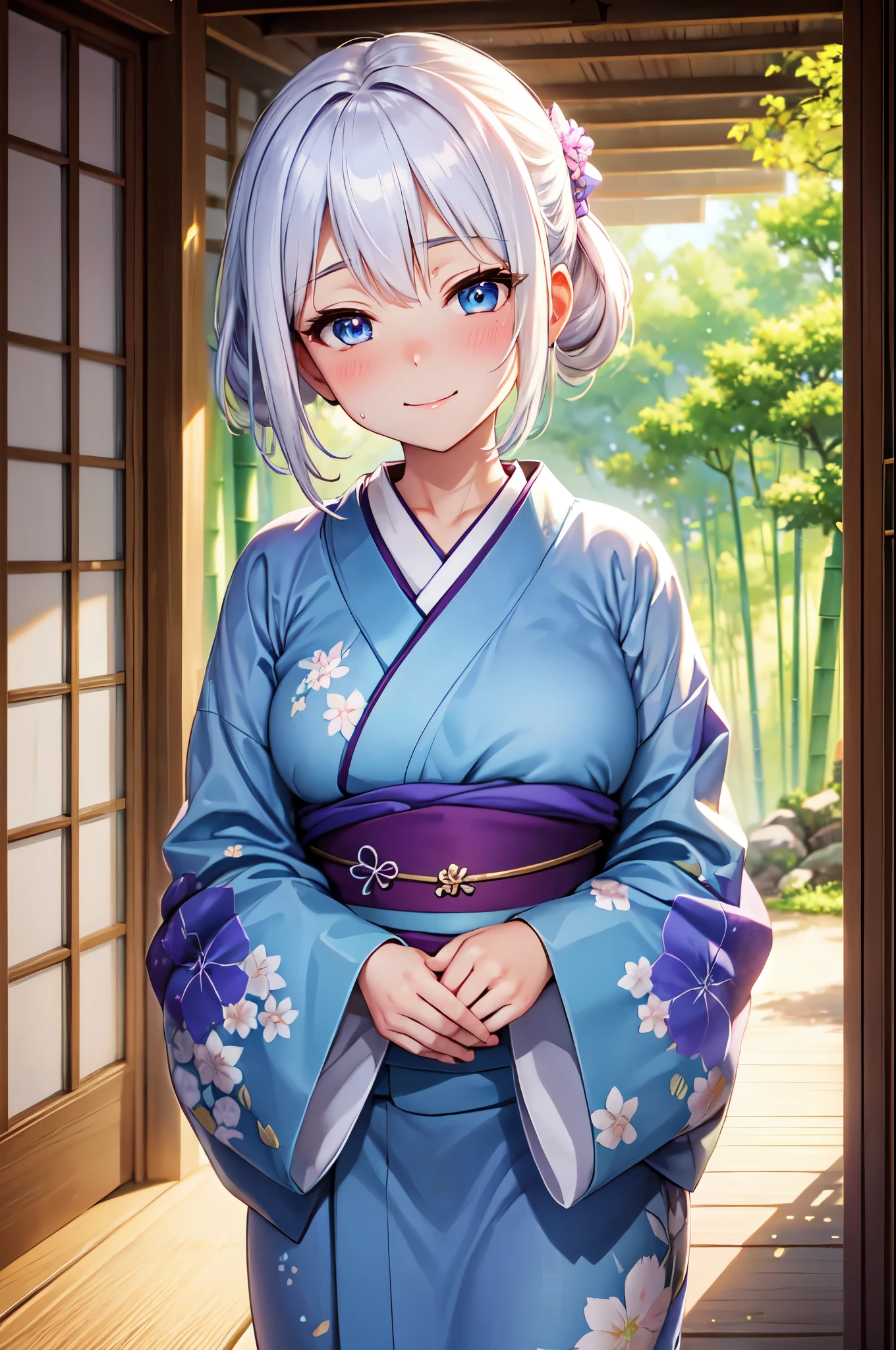 (High quality, High resolution, Fine details), BREAK streaming sunlight through bamboo grove, BREAK indigo kimono, solo, curvy women, white hair, sparkling eyes, (Detailed eyes:1.2), smile, blush, Sweat, Oily skin, shallow depth of field, soft pastel colors, peaceful stillness