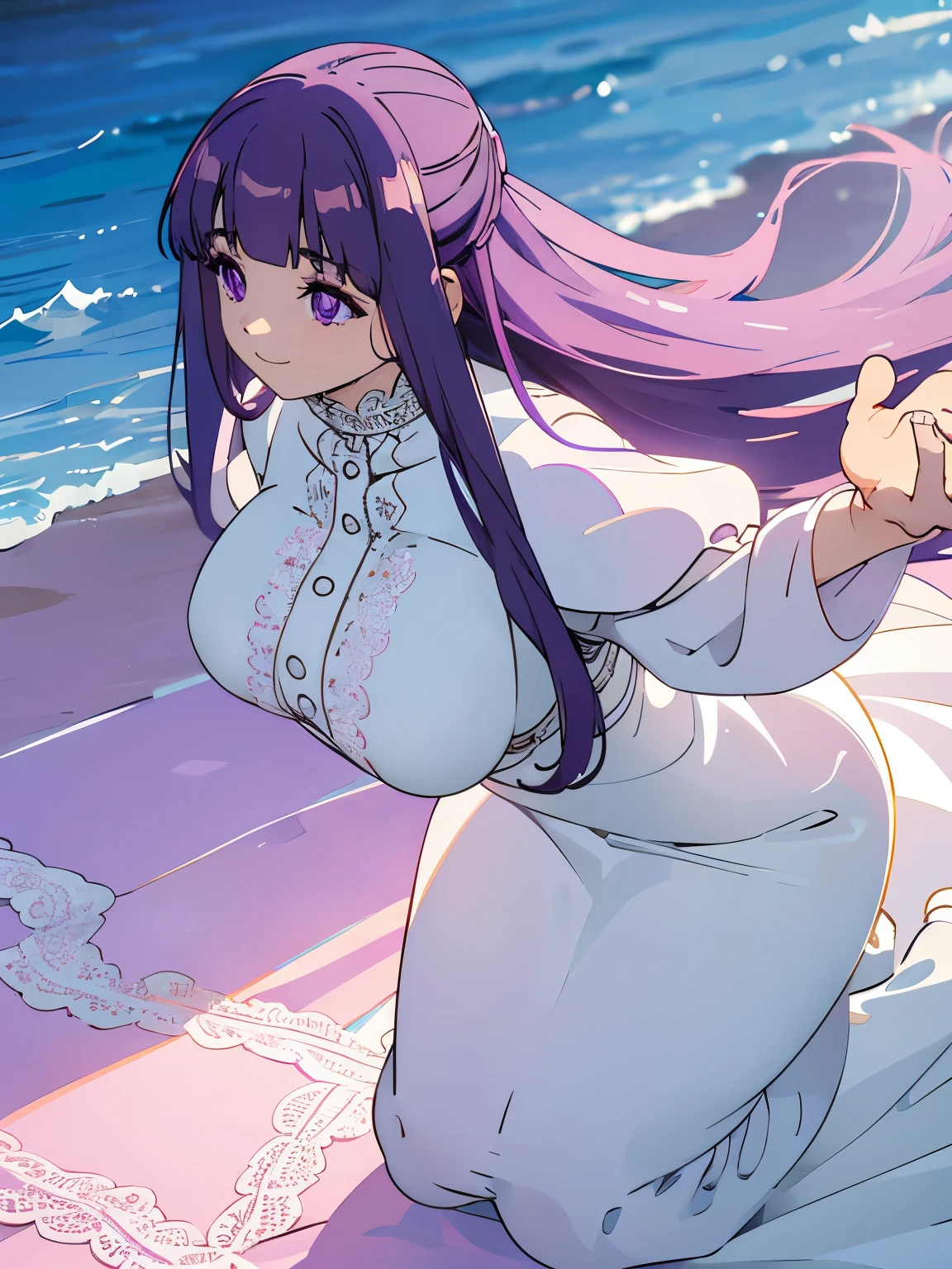 highest quality、one beautiful woman、beautiful big breasts、purple long hair, ((purple eyes)), white long dress, (((White and pink satin lace underwear)))、beach、The clear light blue sea、big smile、Wet texture of a woman&#39;s body、get down on all fours, highest quality, High resolution, Very detailed CG, (perfect hands, perfect anatomy), exact number of fingers、Exact number of legs、Exact number of arms、whole body