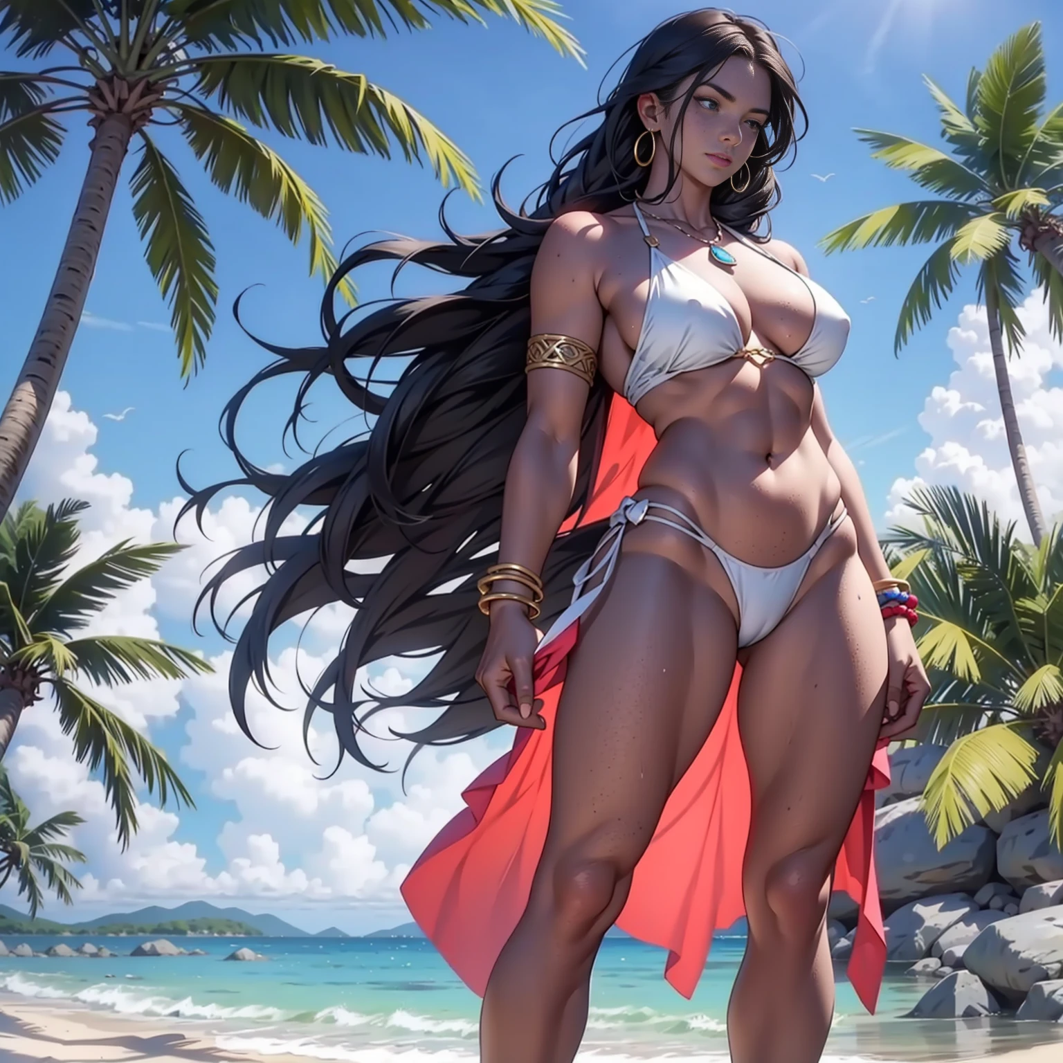 White woman European realist 20 years, long hair straight, length at shoulder height, freckles on face, perfect and detailed eyes, snubbed nose, thick lips with volume, sensual mouth between open, looking up with intimidating look, full body, wearing a light and very tight bikini open in front detailing all her body, generous neckline descending to her belly, her gorgeous breasts (oppai) standing out escaping the swimsuit, gorgeous smooth skin, natural braided thin necklace, tribal rope bracelet, leaning against a large palm tree on a clear and windy day, hair thrown to the wind, full-body woman, arms back from body, sensual pose, sexy woman with wide hips and musculous belly and shaved pussy, (((1girl)))