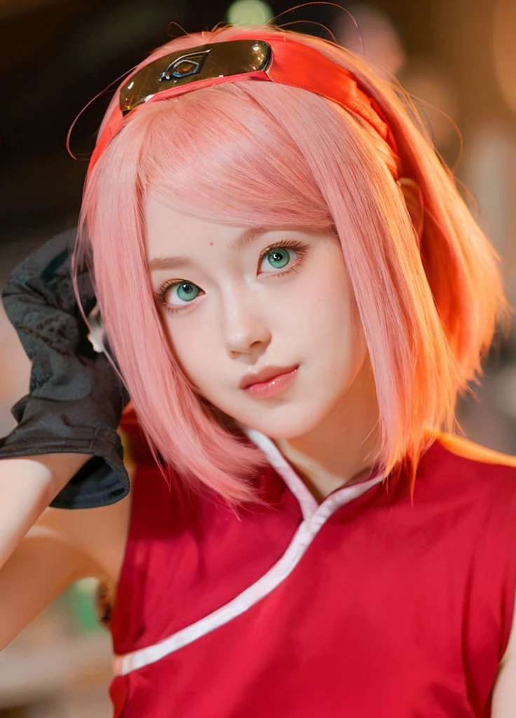 young woman, short shoulder-length pink hair, wide forehead, porcelain skin, pink eyebrows, big emerald green eyes, buttoned nose, full lips, heart-shaped face, slender body, small breasts, red tank top, Sakura Haruno , realistic, realism, details, 3d, well detailed