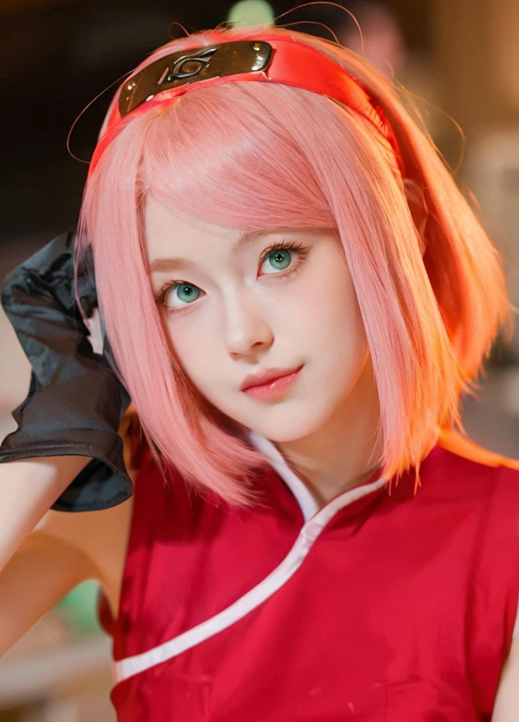 young woman, short shoulder-length pink hair, wide forehead, porcelain skin, pink eyebrows, big emerald green eyes, buttoned nose, full lips, heart-shaped face, slender body, small breasts, red tank top, Sakura Haruno , realistic, realism, details, 3d, well detailed