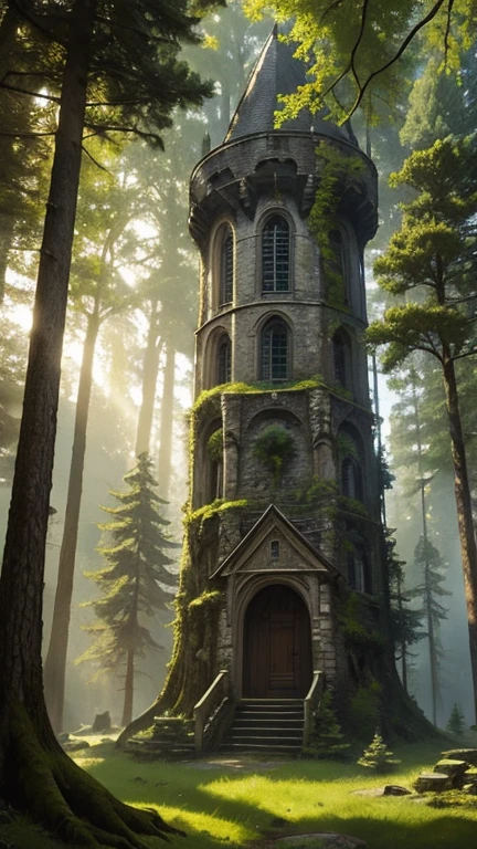 A medieval tower made of mossy stones stands on the edge of the forest, surrounded by centuries-old spreading oaks and spruce trees.; high quality textures, ultra-realistic environment, many small details, Intricate details, daylight, early morning, Slanting sun rays through foliage 