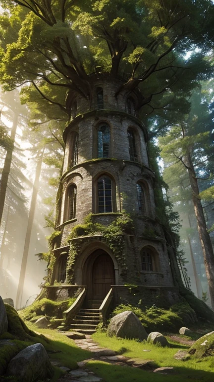 A medieval tower made of mossy stones stands on the edge of the forest, surrounded by centuries-old spreading oaks and spruce trees.; high quality textures, ultra-realistic environment, many small details, Intricate details, daylight, early morning, Slanting sun rays through foliage 