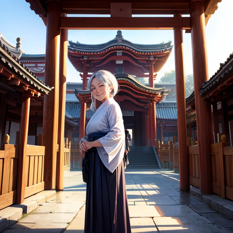 An old woman is standing in the plaza of the shrine in casual clothes, looking at me and smiling.。