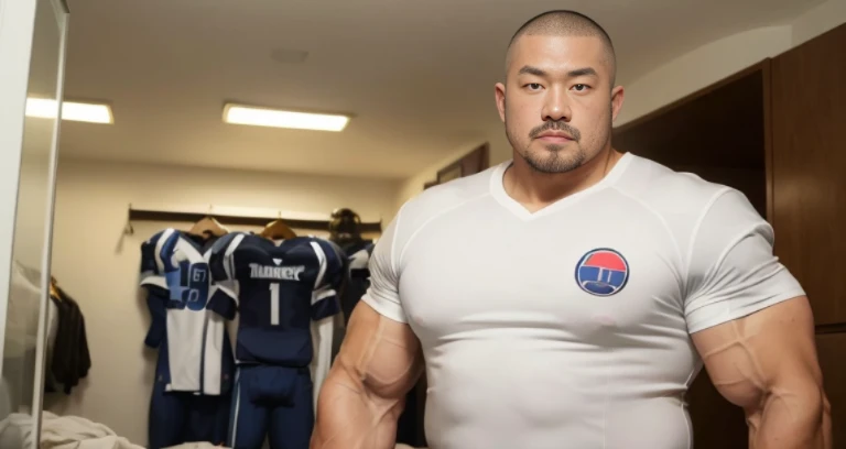 (football uniform:1.2), (inside bedroom:1.2), Japanese man, Chinese man, Korean man, Taiwanese man, manly face, (round face:1.2), (monolid eyes:1.2), (buzz cut:1.4), very large and strong body, bulging muscles, very large pectoral muscles, muscular arms, muscular abs, muscular legs, muscular back, brightens oily skin, master piece, realistic, panorama, distant view