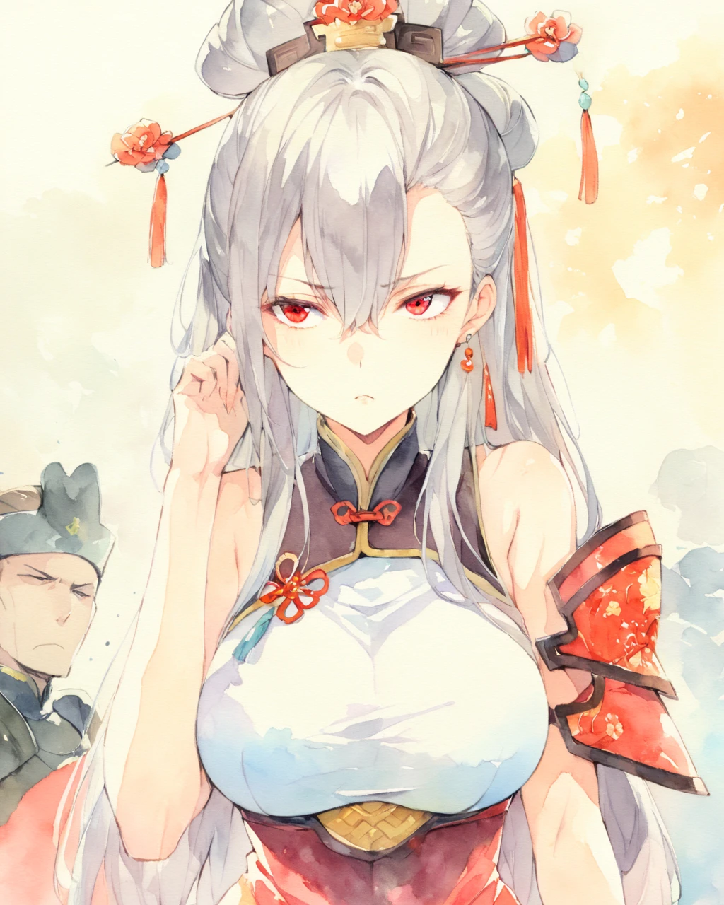 masterpiece, best quality, watercolor (medium), Queen of China, 1 girl, breast, alone, long hair, split, gray hair, red eyes, Shut up, earrings, Bangs, jewelry, skirt, bare shoulders, sleeveless, hair between eyes, 单pauldron, looking at the audience, large breast, armor, shoulder armor, sleeveless skirt, Upper body, single sleeve, white skirt, pauldron, Poker face