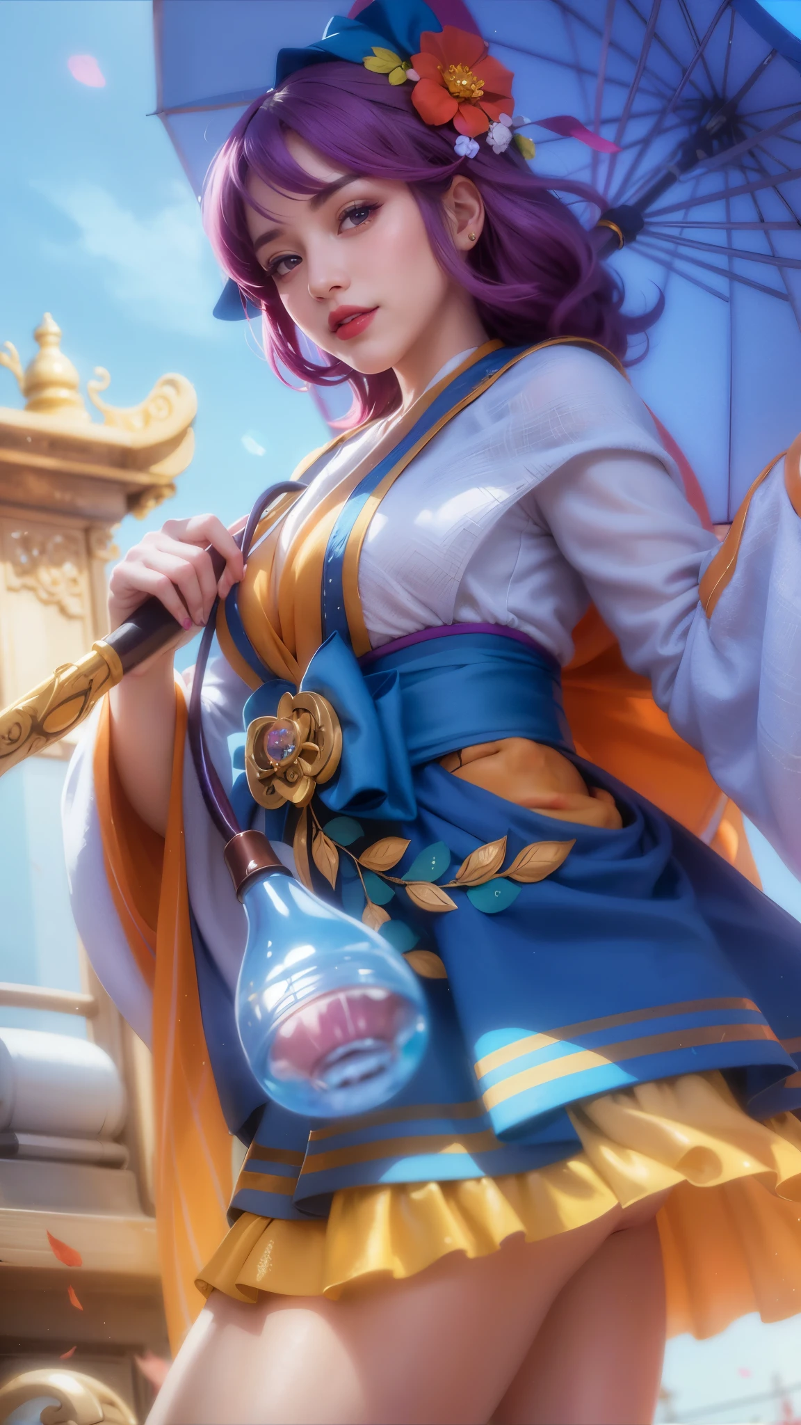 girl with purple hair holding a umbrella, red lips glossy, 8k, ultra hd, ultra detailed texture, hyper realistic, masterpiece, detailed texture, detailed face, detailed skin, detailed lighting, (photorealistic:1.5), best quality, beautiful lighting, cinematic lighting, professional lighting, ultra highres, realistic, detailed hair, real hair, high quality, (realskin:1.5), extremely detailed, finely detail, ultra-detailed, smile, purple eyes