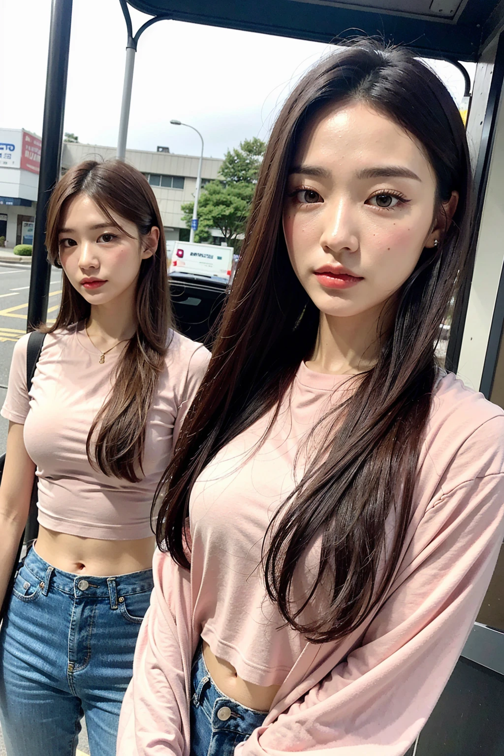 ((midynight, best qualtiy, 8K, tmasterpiece: 1.3)), The upper part of the body, huge tit, Clear focus: 1.2, Pretty Women in Perfect Shape: 1.4, Slender abs: 1.1, (dark brown hair)),Pink shirt,denim pant, standing on your feet: 1.2), Bus stop, very detailed face and skin texture, finely-detailed eyes, double eyelid