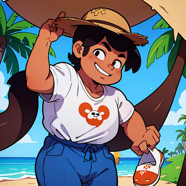 Homem muito gordo com seu namorado muito grande, homossexual, barbudo, bronzeado, Ambos sorrindo, barriga enorme, big legs and arms. At the beach sbronzeadoding under a canopy, camisas estilo havaiano, straw hat, copos ele veste uma roupa de panda.