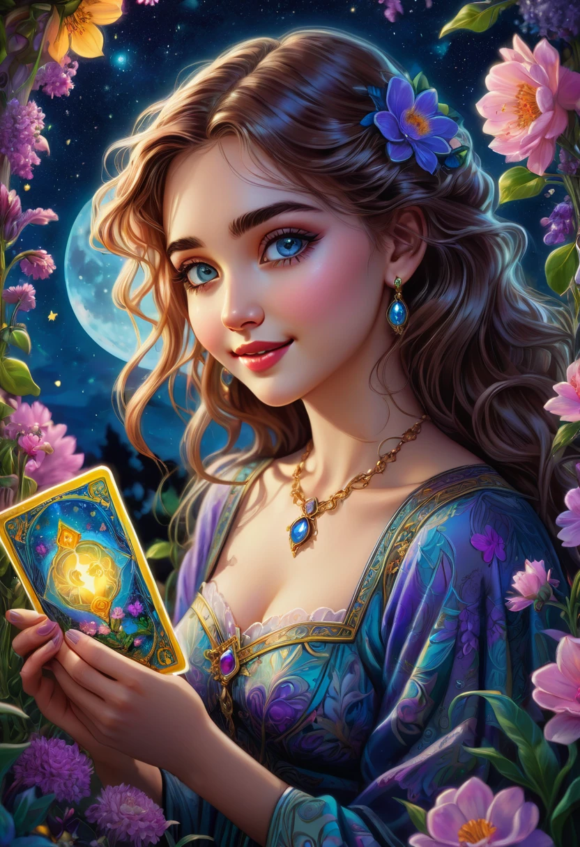 Tarot Cards, aesthetic, a girl reading tarot cards,smiling girl,beautiful detailed eyes,detailed lips,tarot cards,ancient tarot deck,illustrated tarot cards,vibrant colors,mystical atmosphere,magical garden,flowers blooming,moonlight,night sky,soft glow,artistic oil painting,highres image,(masterpiece:1.2),ultra-detailed,realistic,bokeh