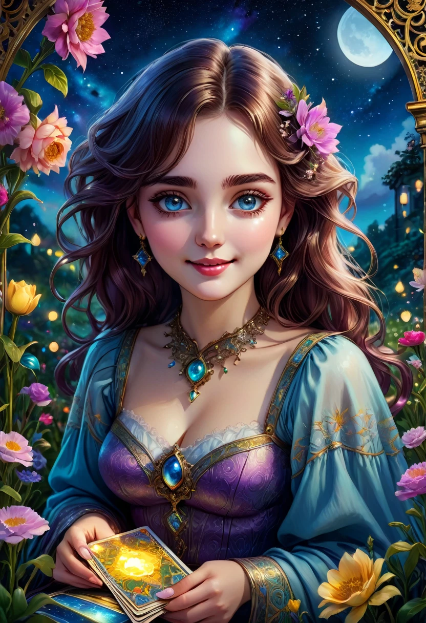 Tarot Cards, aesthetic, a girl reading tarot cards,smiling girl,beautiful detailed eyes,detailed lips,tarot cards,ancient tarot deck,illustrated tarot cards,vibrant colors,mystical atmosphere,magical garden,flowers blooming,moonlight,night sky,soft glow,artistic oil painting,highres image,(masterpiece:1.2),ultra-detailed,realistic,bokeh