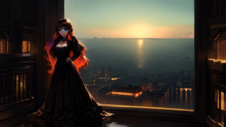Wide image with, 1 beautiful American girl, in her 40s, Alone, full body, discreet black formal dress, with a captivating smile, ((Brown hair)), (black hair), (gradient hair :1.5), (( blue eyes)), standing in the atmosphere of a cozy bar in dim light, on top of a building with a panoramic view of the city with illuminated buildings in New York City, cinematic, focus on the subject, ultra-detailed, realistic image, 4k