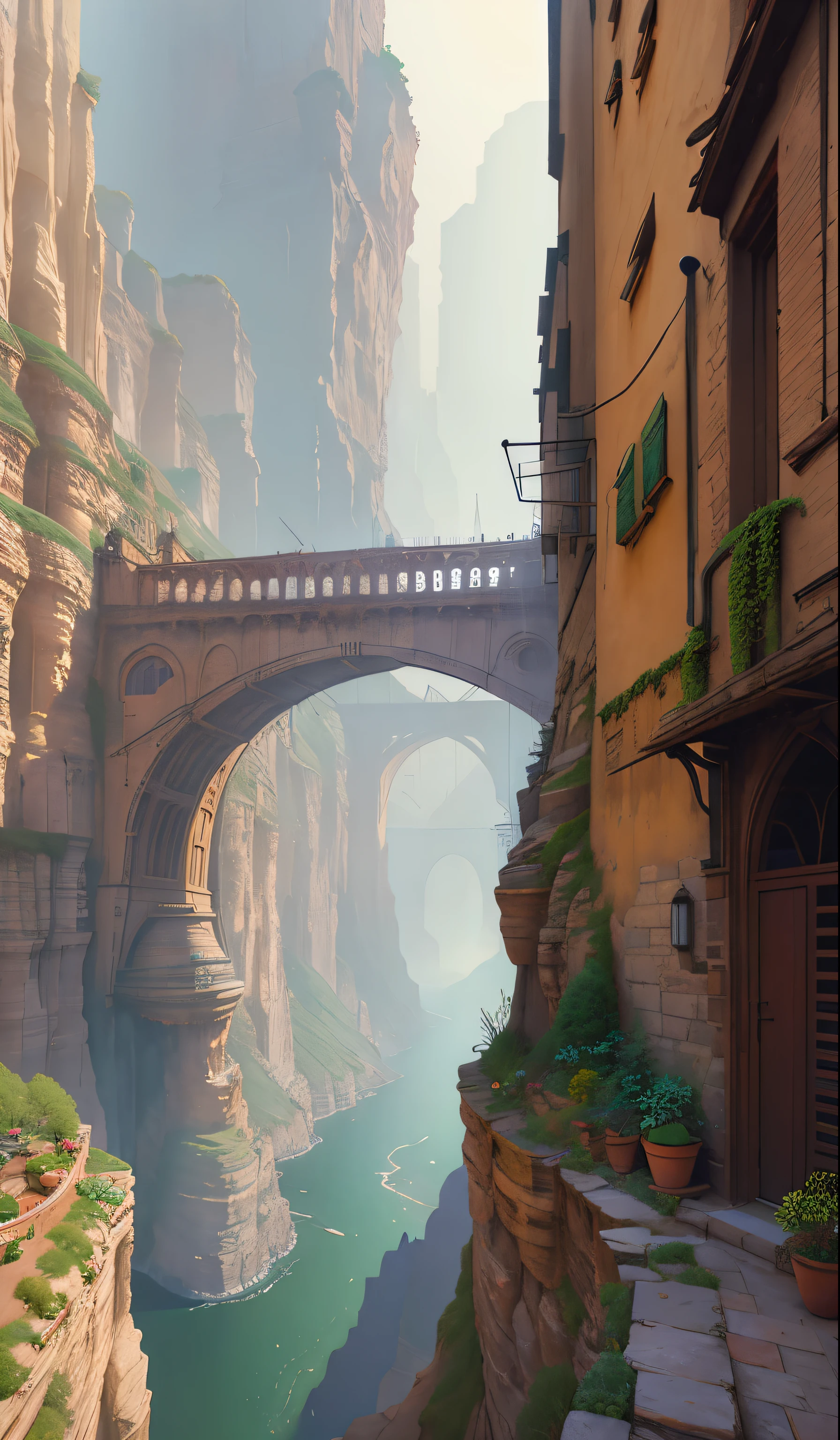 ((masterpiece)),((best quality)),((high detial)),((realistic,))
Industrial age city, deep canyons in the middle, architectural streets, bazaars, Bridges, rainy days, steampunk, European architecture