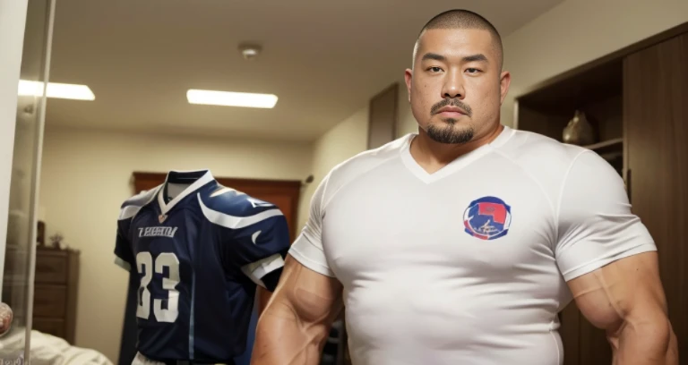 (football uniform:1.2), (inside bedroom:1.2), Japanese man, Chinese man, Korean man, Taiwanese man, manly face, (round face:1.2), (monolid eyes:1.2), (buzz cut:1.4), very large and strong body, bulging muscles, very large pectoral muscles, muscular arms, muscular abs, muscular legs, muscular back, brightens oily skin, master piece, realistic, panorama, distant view