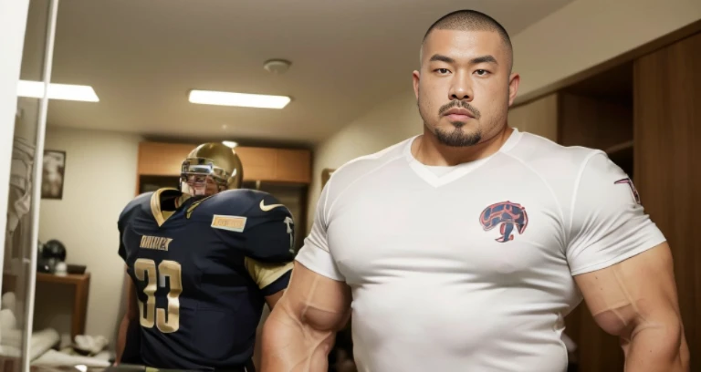 (football uniform:1.2), (inside bedroom:1.2), Japanese man, Chinese man, Korean man, Taiwanese man, manly face, (round face:1.2), (monolid eyes:1.2), (buzz cut:1.4), very large and strong body, bulging muscles, very large pectoral muscles, muscular arms, muscular abs, muscular legs, muscular back, brightens oily skin, master piece, realistic, panorama, distant view