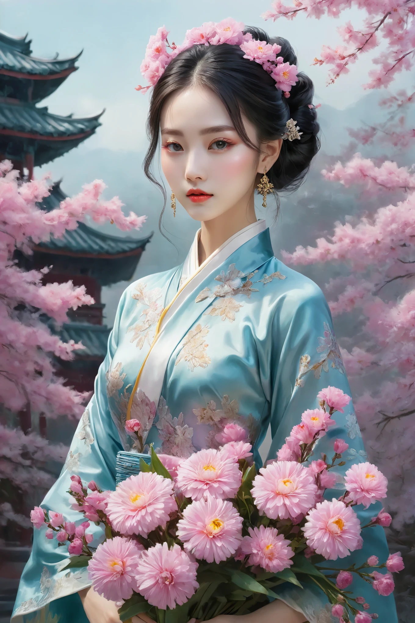 Close-up of a woman holding a bouquet of flowers, elegant numbers, Beautiful digital artwork, Gorgeous digital painting, Beautiful digital painting, Beautiful digital illustration, elegant numbers艺术, Beautiful digital art, jingna zhang, by Yanjun Cheng, ethereal beauty, Beautiful ornate digital art, guweiz style artwork, inspired by Fenghua  8k uhb,Photography,Nikon D850， real picture,national geographic,Award-winning,Award-winning照片