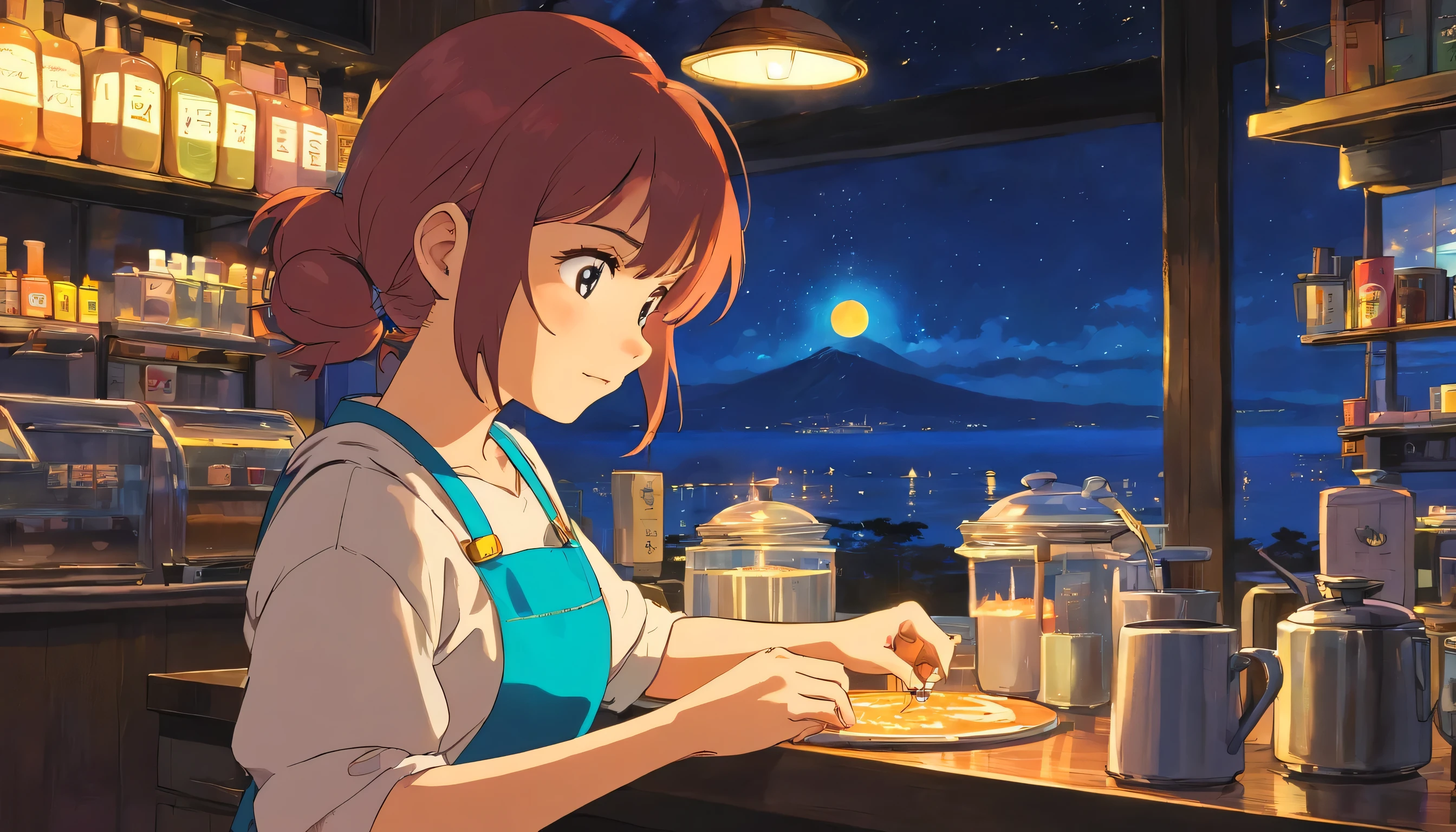 European girl barista brews coffee at the cafe counter, dream, please wear headphones, night light, Neon landscape on a rainy day, analog color theme, lo-fi hip hop , retrospective, flat, 2.5D ,Draw a line, ink painting, Osaka road, watercolor painting, gouache color, studio ghibli style, very colorful, outerton, Krautlock, Lofiato,old texture, amplitude,Psychedelic atmosphere, masterpiece, Technology of Wonders,on the bed,Darken the room,A beautiful night seaside with a starry sky outside the window