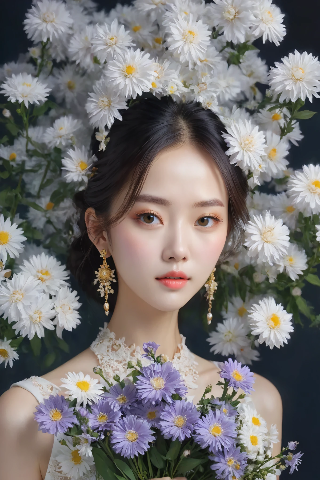 Close-up of a woman holding a bouquet of flowers, elegant numbers, Beautiful digital artwork, Gorgeous digital painting, Beautiful digital painting, Beautiful digital illustration, elegant numbers艺术, Beautiful digital art, jingna zhang, by Yanjun Cheng, ethereal beauty, Beautiful ornate digital art, guweiz style artwork, inspired by Fenghua  8k uhb,Photography,Nikon D850， real picture,national geographic,Award-winning,Award-winning照片