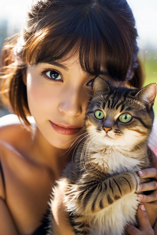 Happy girl holding a cat、Laugh、Ultra-realistic capture, Highly detailed, High resolution 16k close-up of human skin. Skin texture must be natural, Detailed enough to finely identify pores. Skin should look healthy, In a uniform tone. Use natural light and color