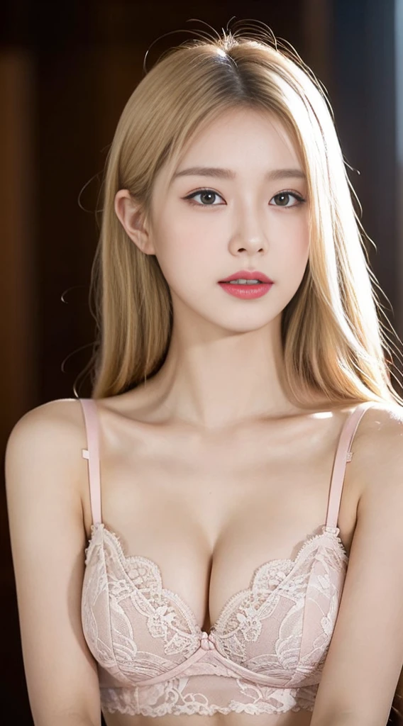 Fashion trendy beautiful and charming woman with a gentle and charming Chinese beauty, resembling a captivating Korean person (Kpop Idol). Her delicate and sexy collarbone is highlighted by her alluring oval face, mesmerizing double eyelids, and pink lips that perfectly complement her small nose. The bare shoulders of her attire draw attention to her chest, creating a captivating [[chest close-up]]. The image is captured with ultra-high-definition precision, showcasing the ultra-detailed features of this stunning individual. She is adorned in a delicate pink lace bra and matching lace panties, which add a fresh and impressive touch to her natural allure. The colossal tits accentuate her perfect figure, while the lower milk protrudes subtly, further enhancing her femininity. Her blonde hair is styled