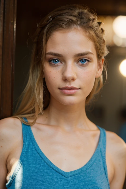 a very pretty and atractive blonde 25 years old, very blue eyes, very realistic, freckels
