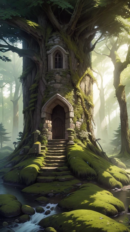 A medieval tower made of mossy stones stands on the edge of the forest, surrounded by centuries-old spreading oaks and spruce trees.; high quality textures, ultra-realistic environment, many small details, Intricate details, daylight, early morning, Slanting sun rays through foliage 