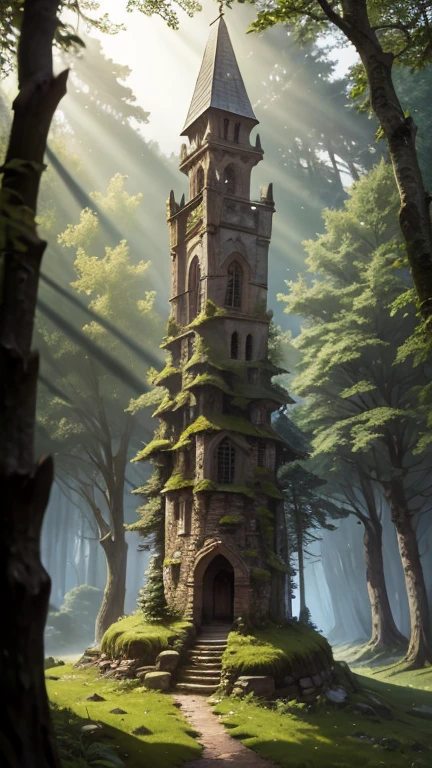 A medieval tower made of mossy stones stands on the edge of the forest, surrounded by centuries-old spreading oaks and spruce trees.; high quality textures, ultra-realistic environment, many small details, Intricate details, daylight, early morning, Slanting sun rays through foliage 