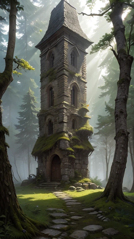 A medieval tower made of mossy stones stands on the edge of the forest, surrounded by centuries-old spreading oaks and spruce trees.; high quality textures, ultra-realistic environment, many small details, Intricate details, daylight, early morning, Slanting sun rays through foliage