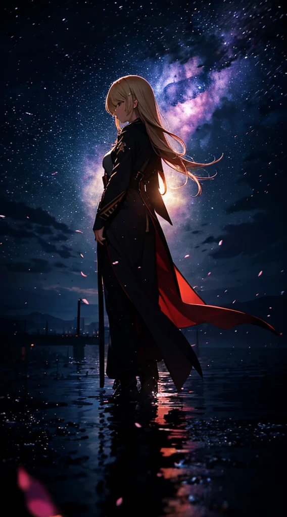 １people々々,blonde long hair，long coat，have a sword，silhouette， Rear view，space sky, milky way, anime style, cherry blossoms，夜cherry blossoms，辺り一面に舞うcherry blossoms吹雪，