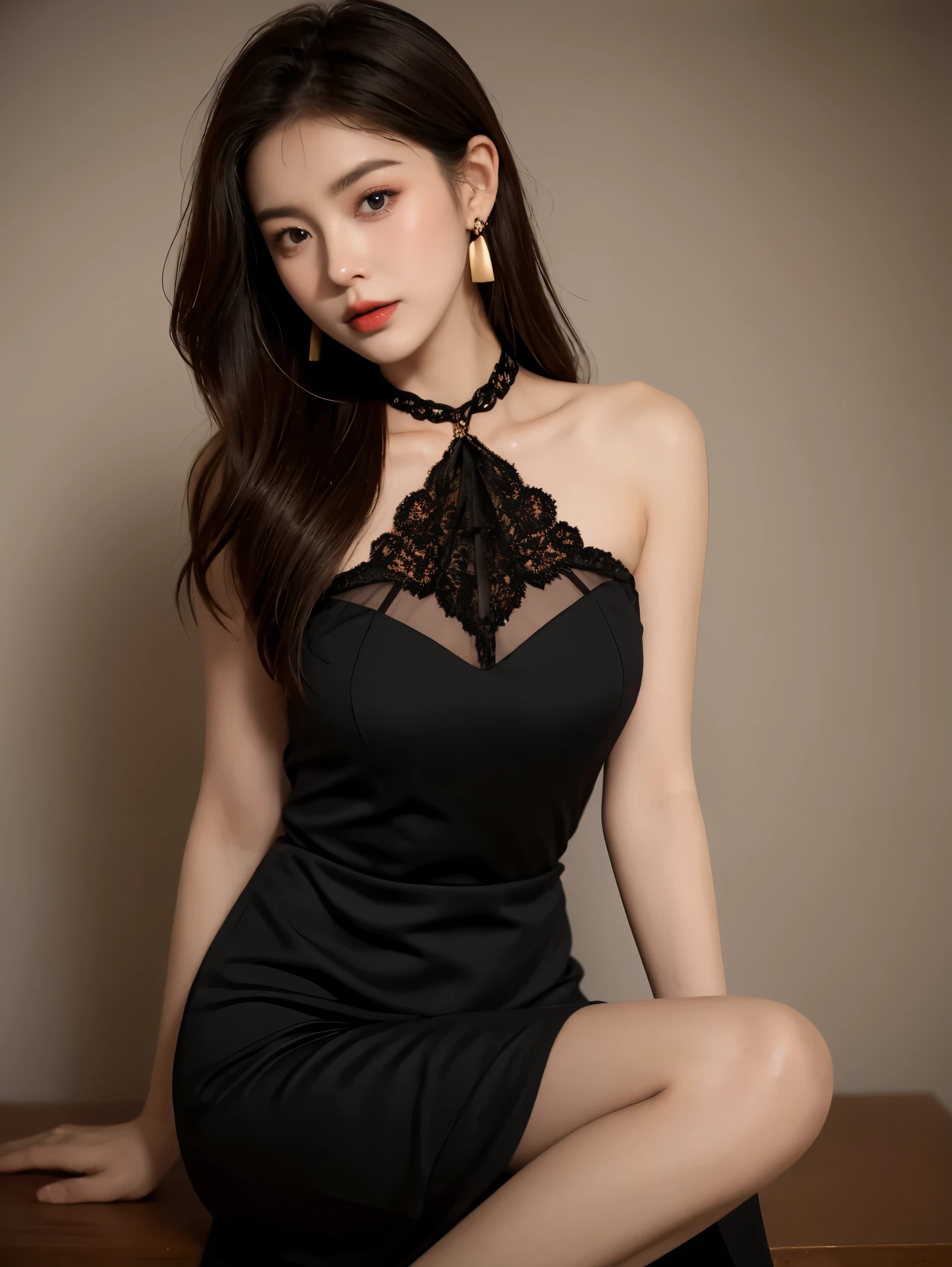 8K, original photo, Fujifilm, Stylized photo of a beautiful 27-year-old woman, square face, Hang a red rose around your neck, Wearing a black lace transparent dress，Not wearing，Pair it with black lace, gold earrings, As powerful as a spinning dove, (highly refined skin: 1.2), medium brown hair with lights, film grain, 35mm, cute style