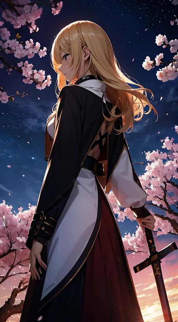 １people々々,blonde long hair，long coat，have a sword，silhouette， Rear view，space sky, milky way, anime style, cherry blossoms，夜cherry blossoms，辺り一面に舞うcherry blossoms吹雪，