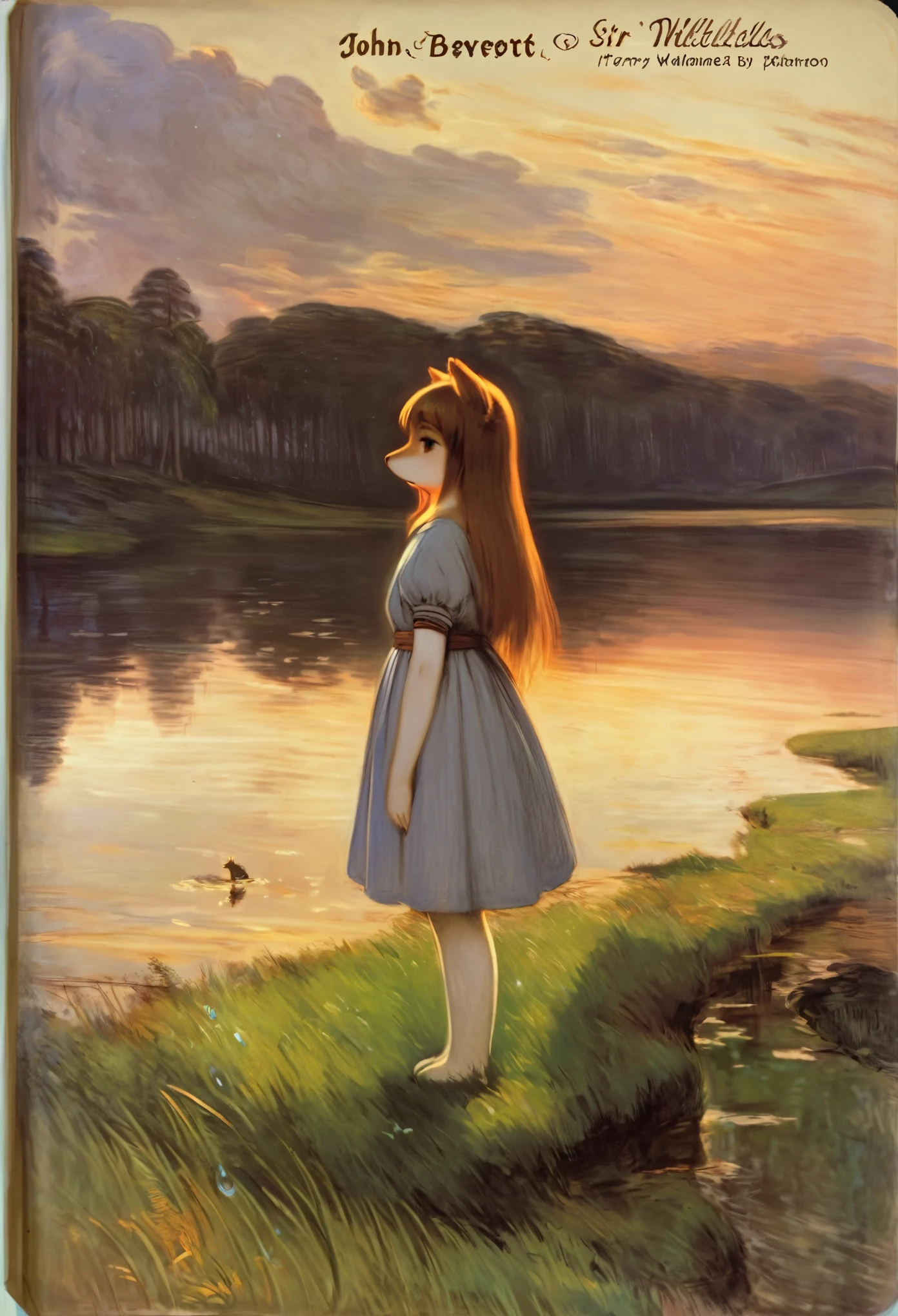 High-quality illustrations by John William Waterhouse, by Sir John Everett Millais, cover_page, highres, absurdres, detailed background, lake, dawn, detailed forest, clouds, Mysterious and romantic atmosphere, caustics surface(refraction, polarization:1.2)perfect anatomy(cute 1girl, single:1.4, kemono, solo focus, boy)volumetric lighting, Wet clothes, Water droplets, (furry anthro:1.7)(Furry body, dog facial features, dog body features)(very detailed body fur)full body, soft and delicate color palette, dramatic composition, deep shadow, dynamic lighting,