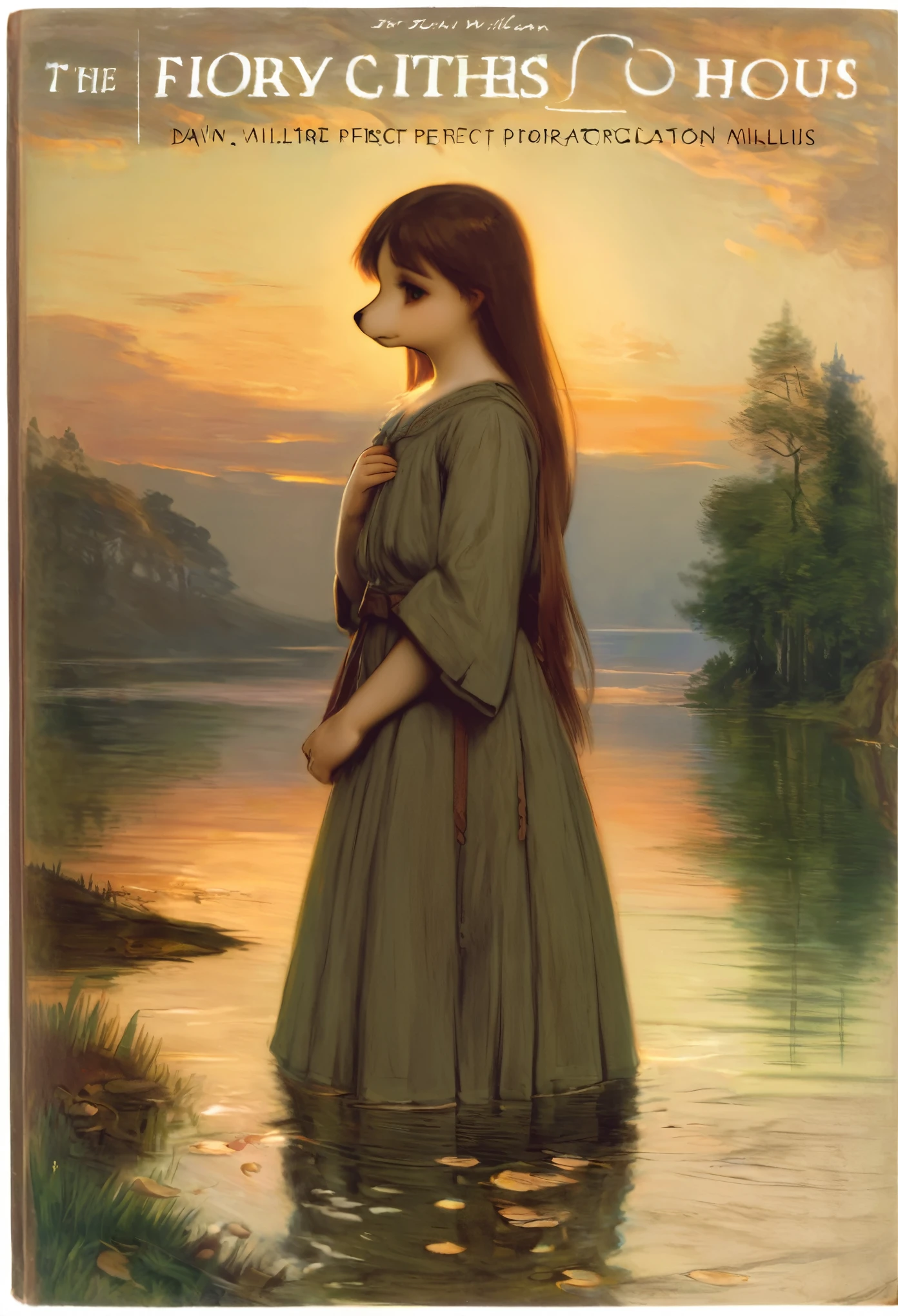 High-quality illustrations by John William Waterhouse, by Sir John Everett Millais, cover_page, highres, absurdres, detailed background, lake, dawn, detailed forest, clouds, Mysterious and romantic atmosphere, caustics surface(refraction, polarization:1.2)perfect anatomy(cute 1girl, single:1.4, kemono, solo focus, boy)volumetric lighting, Wet clothes, Water droplets, (furry anthro:1.7)(Furry body, dog facial features, dog body features)(very detailed body fur)full body, soft and delicate color palette, dramatic composition, deep shadow, dynamic lighting,