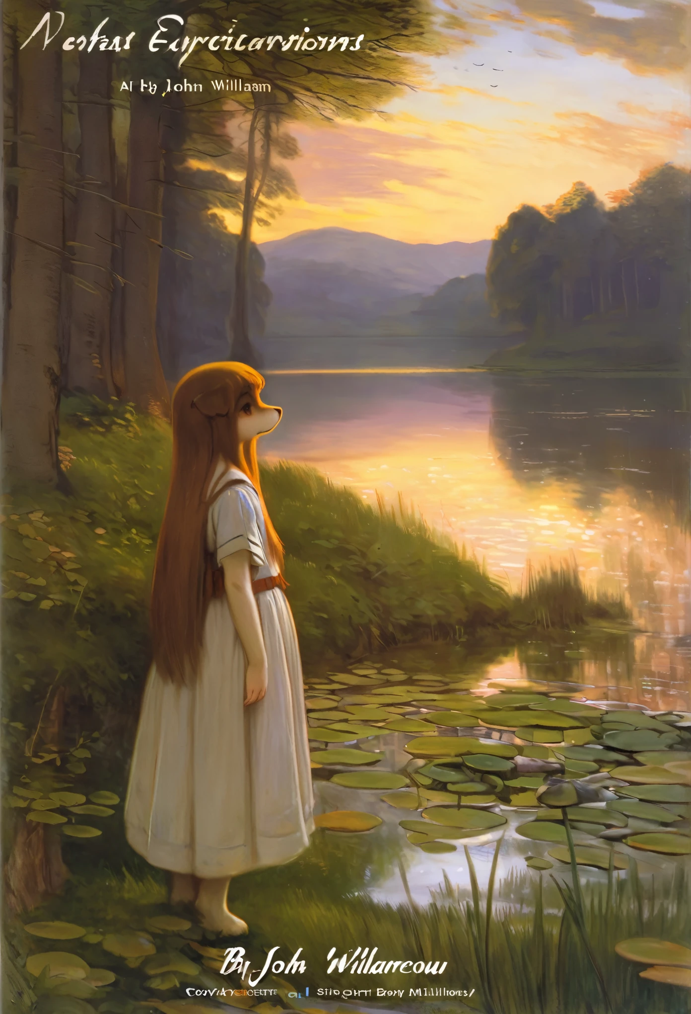 High-quality illustrations by John William Waterhouse, by Sir John Everett Millais, cover_page, highres, absurdres, detailed background, lake, dawn, detailed forest, clouds, Mysterious and romantic atmosphere, caustics surface(refraction, polarization:1.2)perfect anatomy(cute 1girl, single:1.4, kemono, solo focus, boy)volumetric lighting, Wet clothes, Water droplets, (furry anthro:1.7)(Furry body, dog facial features, dog body features)(very detailed body fur)full body, soft and delicate color palette, dramatic composition, deep shadow, dynamic lighting,