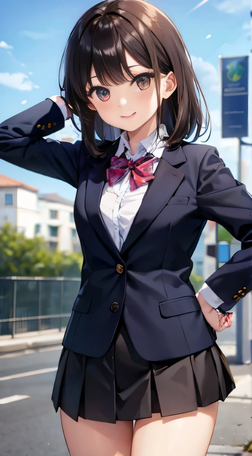 ((Tabletop, highest quality, High resolution, , Perfect Pixel,  4K,))), 1 high school girl, single, alone, beauty、The whole body is visible、 ((Mid-wave hair, bangs, Brown Hair)), ((Brown eyes, Beautiful eyelashes, Realistic eyes)), ((Detailed face, Blushing:1.2)), ((Smooth texture:0.75, Realistic texture:0.65, Realistic:1.1, Anime CG Style)), Medium Chest, Dynamic Angle, Perfect body,  ((Red bow tie, , Black jacket, Open jacket, Brown cardigan, White shirt, Black Skirt, Check skirt)), 、、Very embarrassing panic smile, looked back、Leaning forward、The wind is blowing and my underwear is completely visible、Touch your buttocks with both hands、white and light blue floral lace panties、Angle from below)、