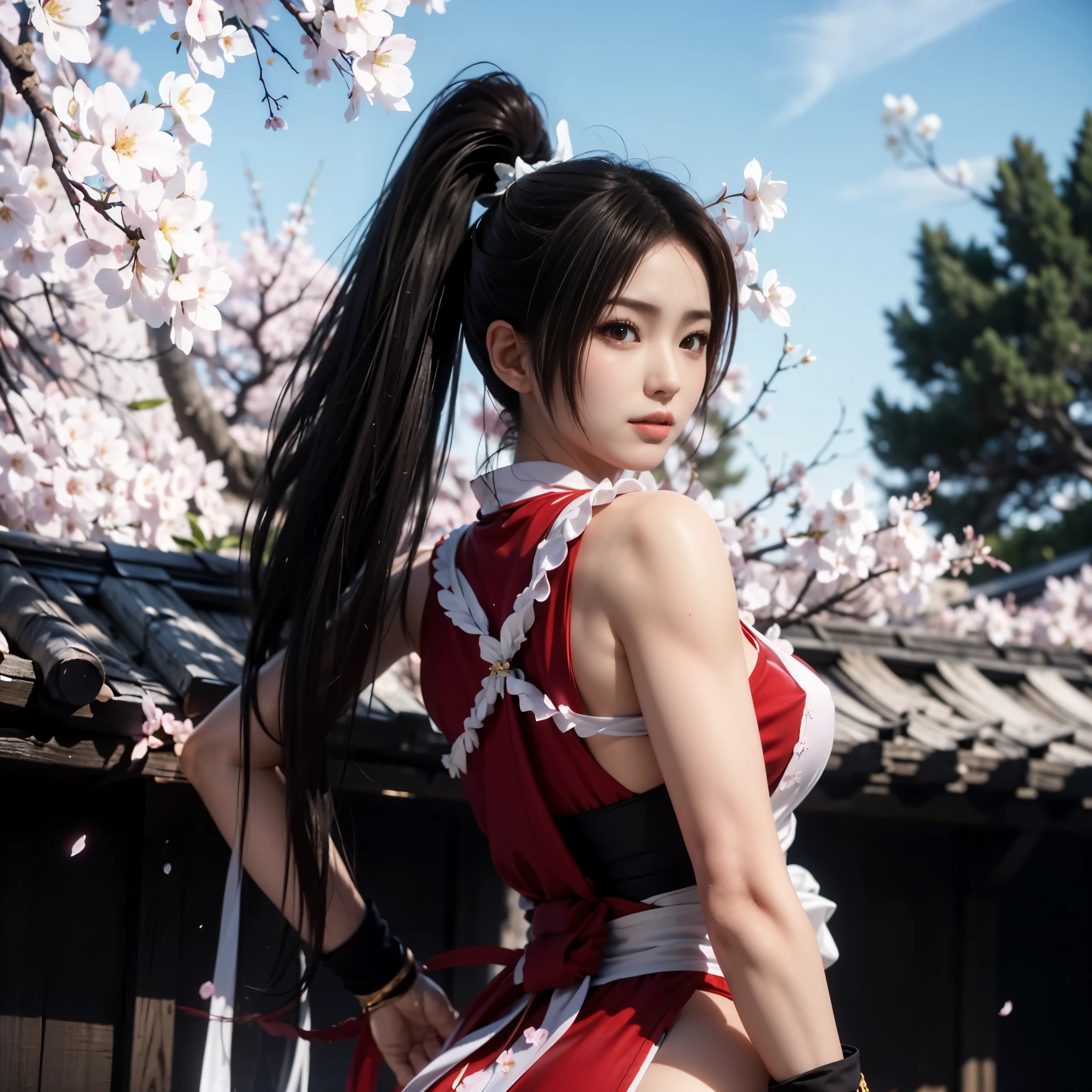 (((full body，big breasts))),Under the cherry blossom trees in the spring breeze，The red fighting uniform worn by Mai Shiranui，The posture is sturdy and elegant。Her long hair is flowing with the wind，A few strands of hair caressing my cheeks，Adding a touch of softness to her resolute face。Her eyes were firm and deep，Seems to be able to discern the weaknesses of all opponents。

Her hands were clenched into fists，It seems to be simulating the movements of fighting.，Every movement is smooth and powerful，It's full of action。Her body rotates slightly with the changes in movements，As if in a fierce battle with an invisible opponent。

Petals falling from the surrounding cherry blossom trees，A sharp contrast to Mai Shiranui&#39;s red fighting uniform.，Adds a bit of a beautiful atmosphere。Petals flutter lightly in the air，As if applauding Mai Shiranui’s fighting skills。

整幅画面It's full of action与唯美，It not only shows the strength and tenacity of Mai Shiranui as a fighter，It also reflects her gentleness and tranquility under the cherry tree。This kind of picture makes people feel like they are in a world full of poetry and power.。