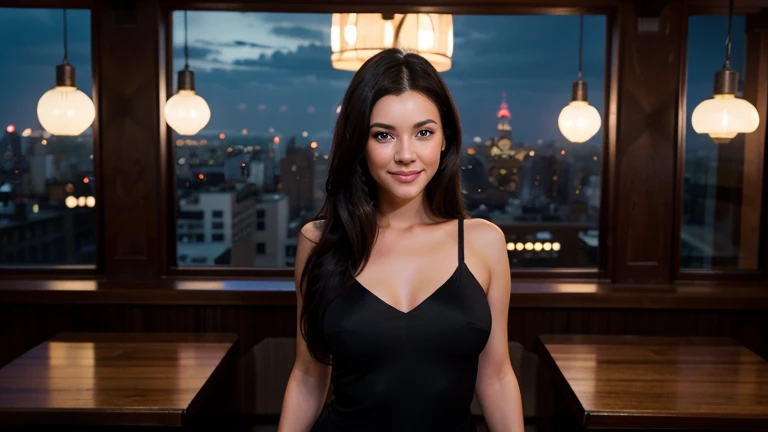 Half-length wide shot, 1 beautiful American girl, in her 40s, alone,
 half body, black formal dress, with a smile on her face, ((Brown hair)), (black hair), (gradient hair :1.5), ((blue eyes)), standing in a cozy bar, on top of a building with panoramic view of the city with illuminated buildings at night in New York City, focus on the subject, ultra-detailed, realistic image, 4k