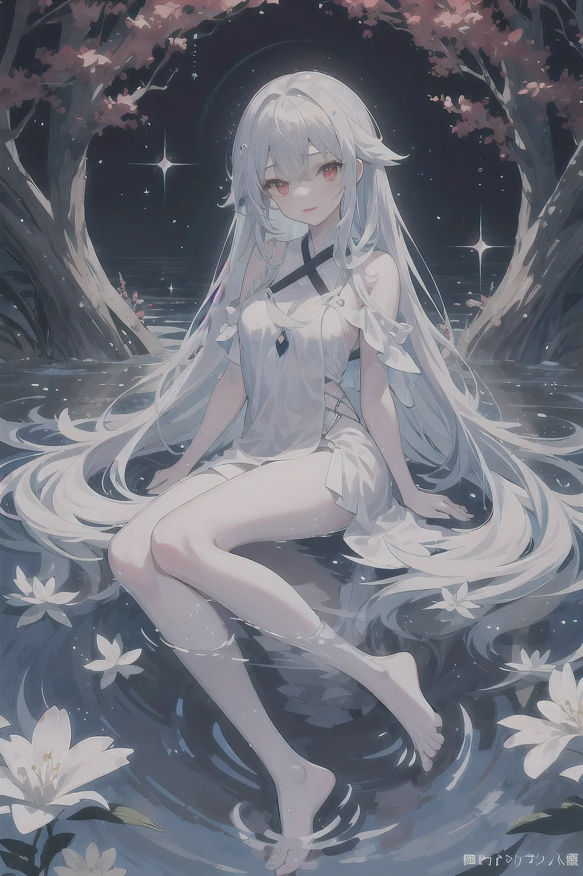 Dreamy and beautiful moonlight in the dark forest。View of a 15-year-old girl from above。(wet silver hair and red eyes)。smile slightly。She wore only a long sheer white cloth with beautiful sheer lace trim。Soak the cloth in water。(splash,Dark forest lake at night。(Hair or clothes are wet)。splash。Wet strands of hair。dripping water drops。Fantasy fireflies float in the air、Light also reflects from water。near method and far method。glitter effects。Dynamic composition with depth。extremely high quality、High level of image quality、extremely delicate。Rare workmanship,round,Room, firm breasts,No underwear),barefoot,float,water surface,(long legs,long legs,long legs,Gestalt),full-body shot。posture lying,Looking charming