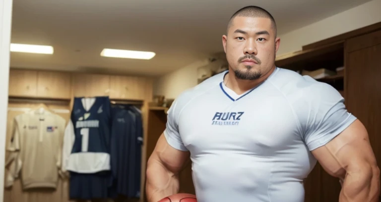 (football uniform:1.2), (inside bedroom:1.2), Japanese man, Chinese man, Korean man, Taiwanese man, manly face, (round face:1.2), (monolid eyes:1.2), (buzz cut:1.4), very large and strong body, bulging muscles, very large pectoral muscles, muscular arms, muscular abs, muscular legs, muscular back, brightens oily skin, master piece, realistic, panorama, distant view