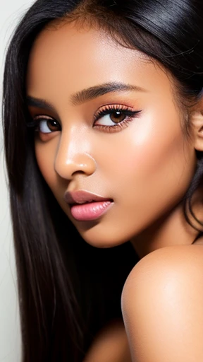 Beautiful Somali girl with nude lips looks to the camera. Stunning black girl. Young beautiful woman with a jet-black skin. Symmetric face, symmetric eyes. Pretty woman with bright makeup of eyes.