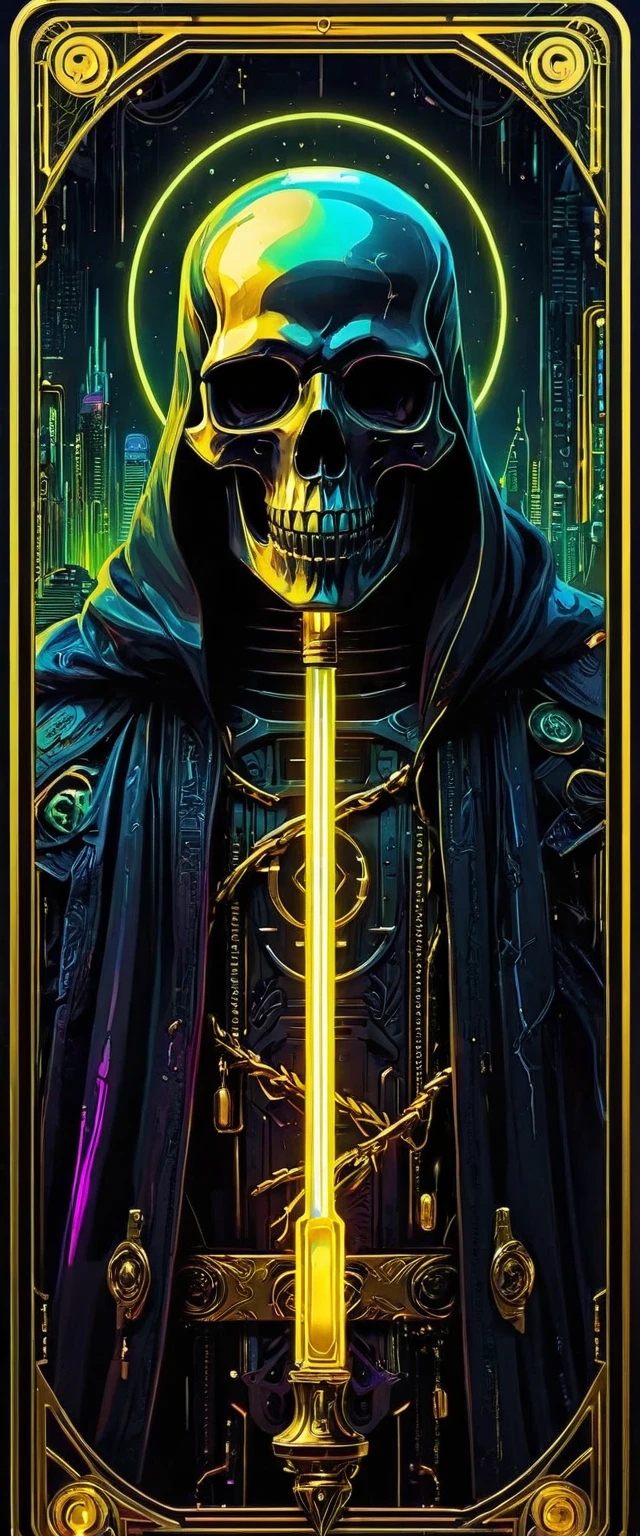 Tarot cards, death, cyberpunk style, dark and gloomy, doomsday, mysterious with dark neon and holographic colors, gold card border, DEATH inscriptiondetailed, 8k