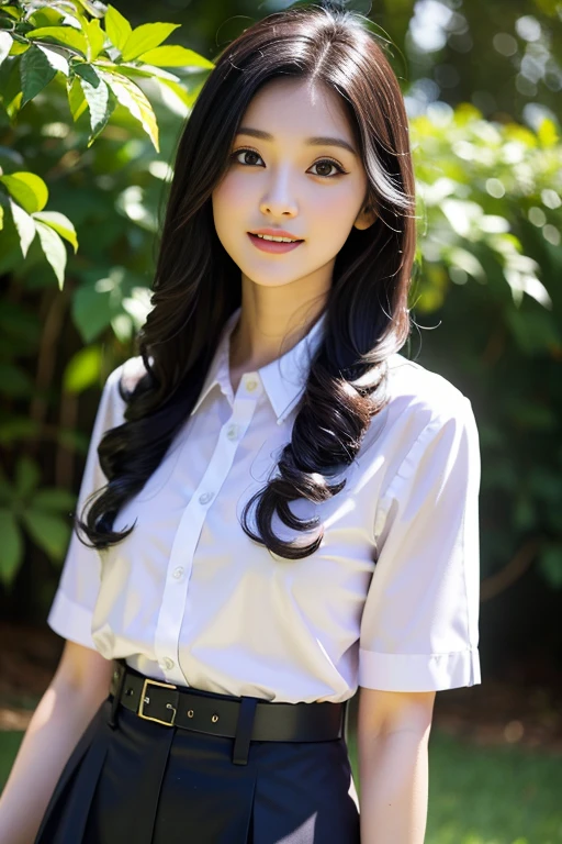 (beautiful detailed eyes, beautiful detailed lips, extremely detailed eyes and face, long eyelashes, cheerful smile),student uniform, (curly black hair), (smooth skin), (confident pose), (colorful background), (playful atmosphere), Indonesian woman, (stunning beauty), (lustrous black hair), (youthful appearance), (charming look), (eye-catching outfit), (bright and vibrant colors), (bokeh effect), (natural lighting), (best quality, 4k, high-res, masterpiece:1.2), ultra-detailed, realistic, (photorealistic:1.37), (vivid colors)