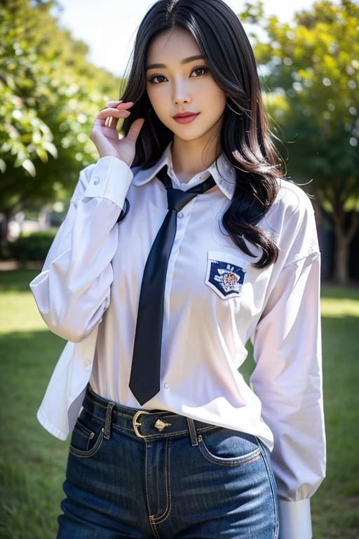 (beautiful detailed eyes, beautiful detailed lips, extremely detailed eyes and face, long eyelashes, cheerful smile),student uniform, (curly black hair), (smooth skin), (confident pose), (colorful background), (playful atmosphere), Indonesian woman, (stunning beauty), (lustrous black hair), (youthful appearance), (charming look), (eye-catching outfit), (bright and vibrant colors), (bokeh effect), (natural lighting), (best quality, 4k, high-res, masterpiece:1.2), ultra-detailed, realistic, (photorealistic:1.37), (vivid colors)